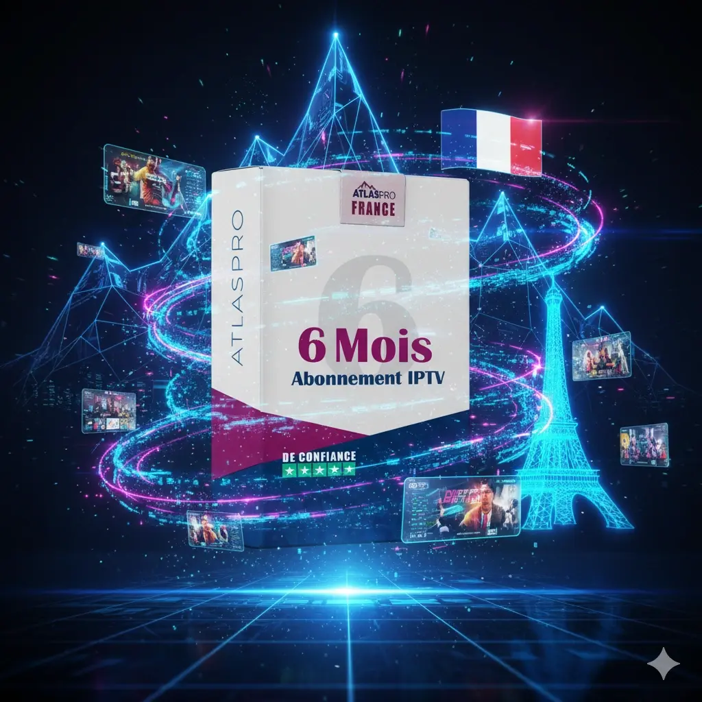 Visuel 3D Atlaspro IPTV – Abonnement IPTV 6 Mois avec design technologique, service IPTV français fiable et haute qualité HD/4K.