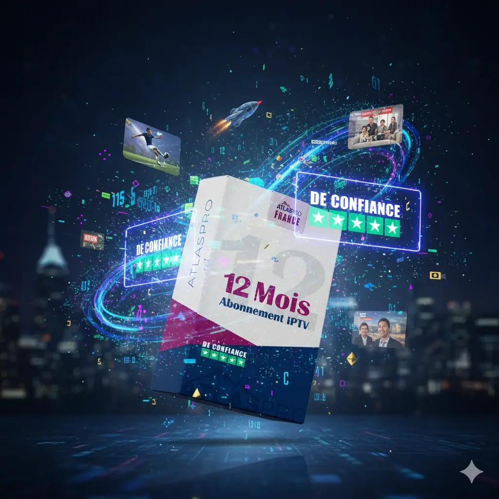 Visuel promotionnel Atlaspro IPTV – Abonnement IPTV 12 Mois en HD/4K, service IPTV fiable et certifié avec avis de confiance.